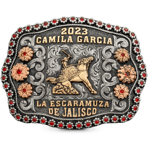 A custom belt buckle for women featuring an escaramuza mexican cowgirl built on an antiqued german silver base with bronze flowers 